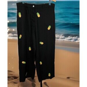 Vintage 90s Deanne & White Pineapple Linen Pants Wide Leg Cropped Black 14 Y2K‎